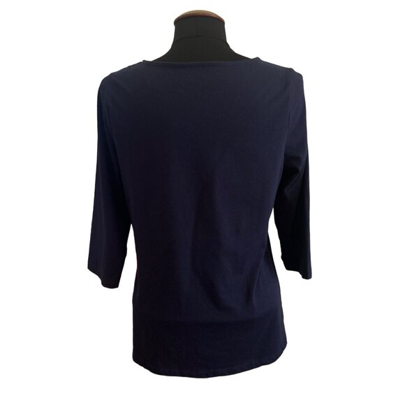 Coral Bay Women's Navy Blue 3/4 Sleeve Top With Dotted White Neckline Size M - Picture 3 of 8